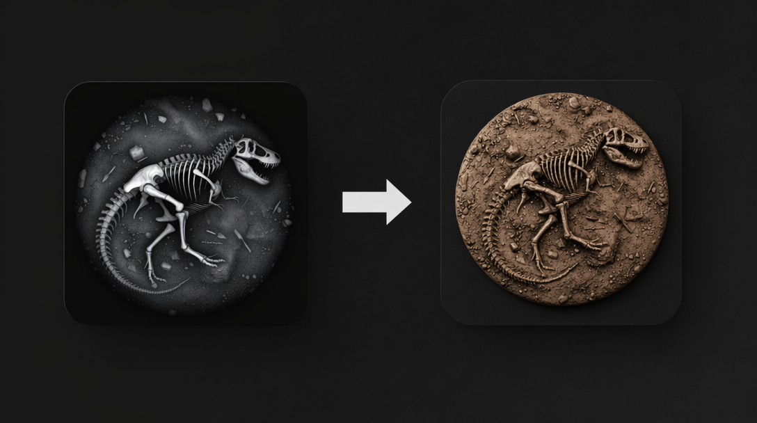 Grayscale depth map of dinosaur skeleton on left and colored 3D textured fossil print on right with arrow connecting both