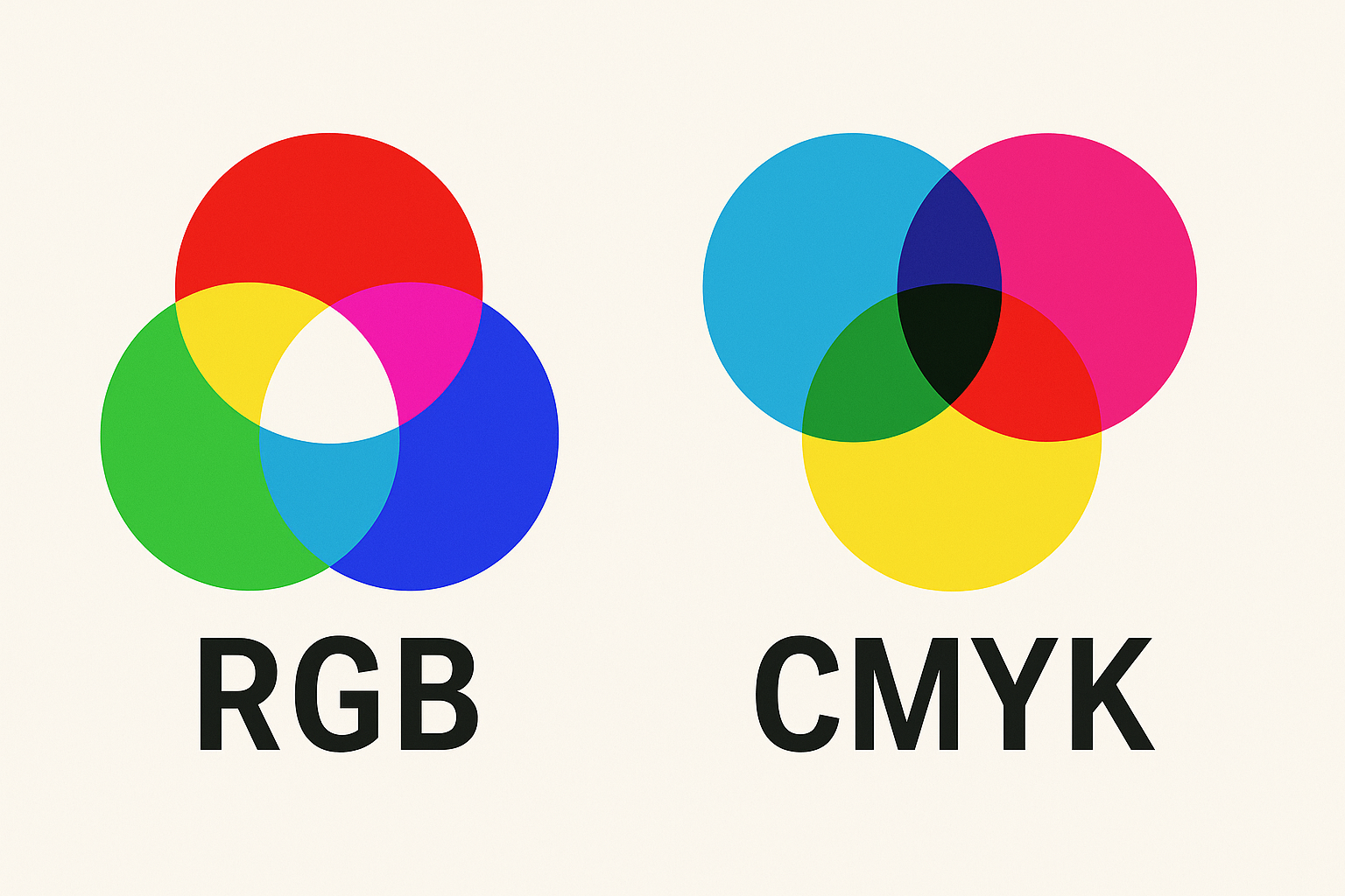 Comparison image of RGB and CMYK color models, showing overlapping circles with distinctive color combinations for each model. RGB uses red, green, and blue, while CMYK uses cyan, magenta, yellow, and black.