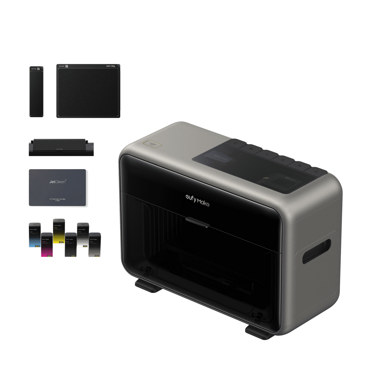 eufy Make E1 small UV printer in gray and black finish, displayed alongside accessory components, including printing mats, a cleaning kit, and ink refills, UV DTF laminating machine on a white background.